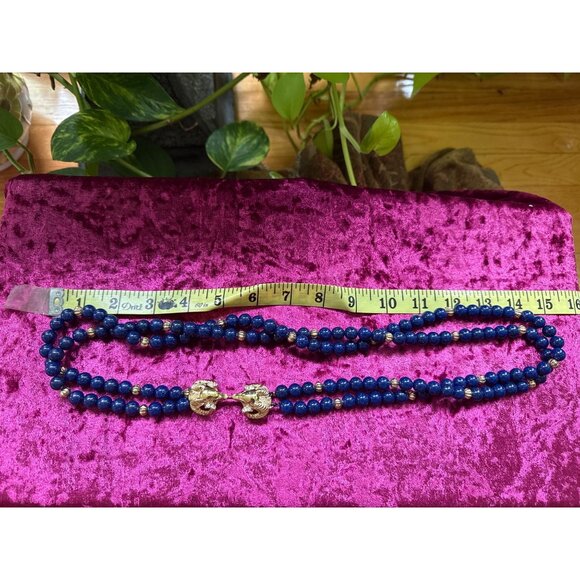 KJL For Avon Double Rams Heads Gold-Tone Necklace With Blue Beads - Picture 3 of 8